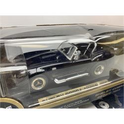Six 1:18 scale die-cast models - Road Legends Chevrolet Nomad (1957) and Ford Fairlane Crown Victoria (1955); Universal Hobbies MGB-GT Mk.1 4-cylinder Old English White and Land Rover Serie III Police Patrol; Road Tough Shelby Cobra 427S/C (1964); and Mira 1955 Buick Century; all boxed (6)