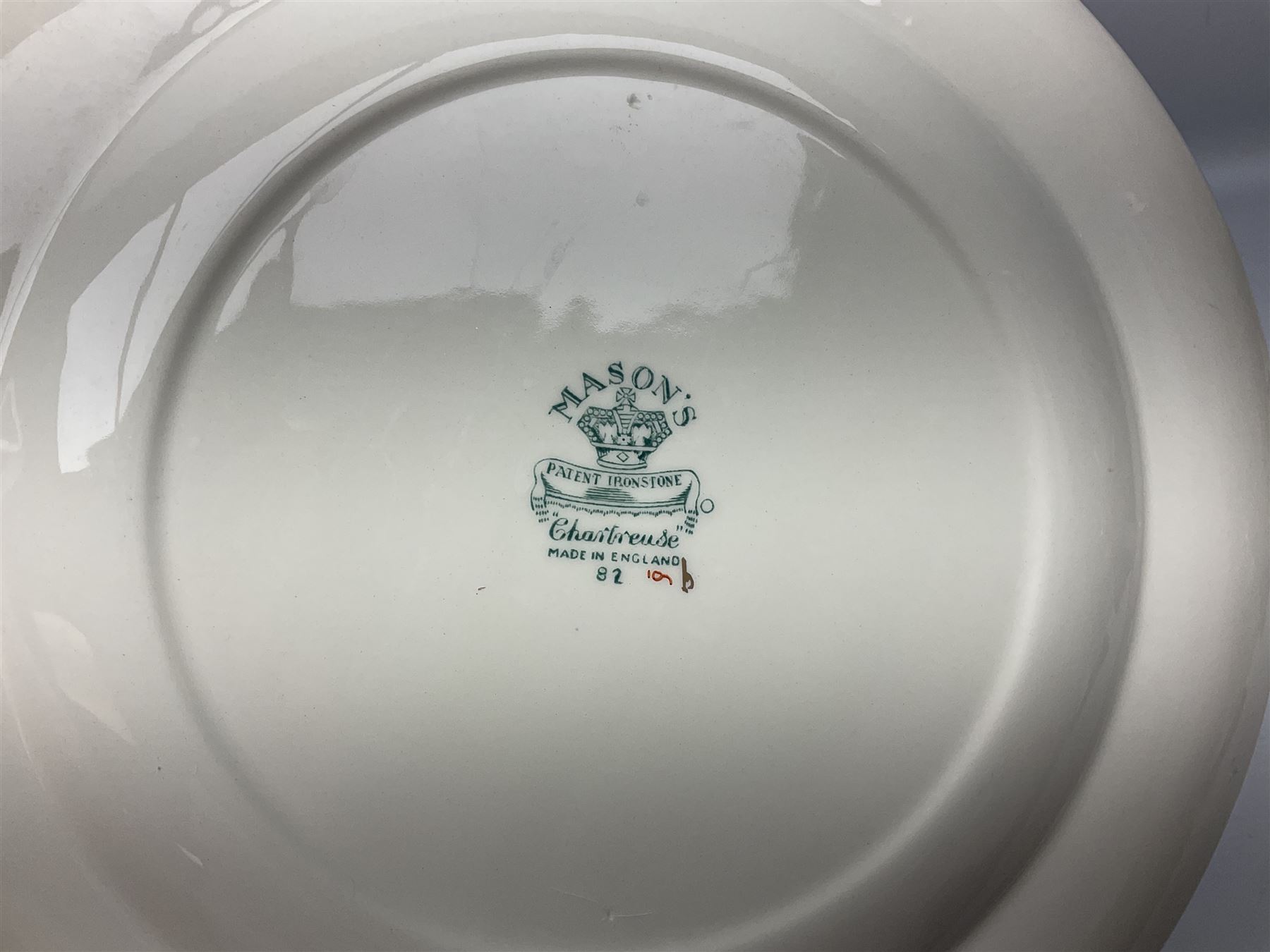 Calais Imari style part tea service, Mason's Chartreuse pattern plate, Arthur Wood Gaudy Welsh style coffee pot, and Victoria Ware teacup and saucer