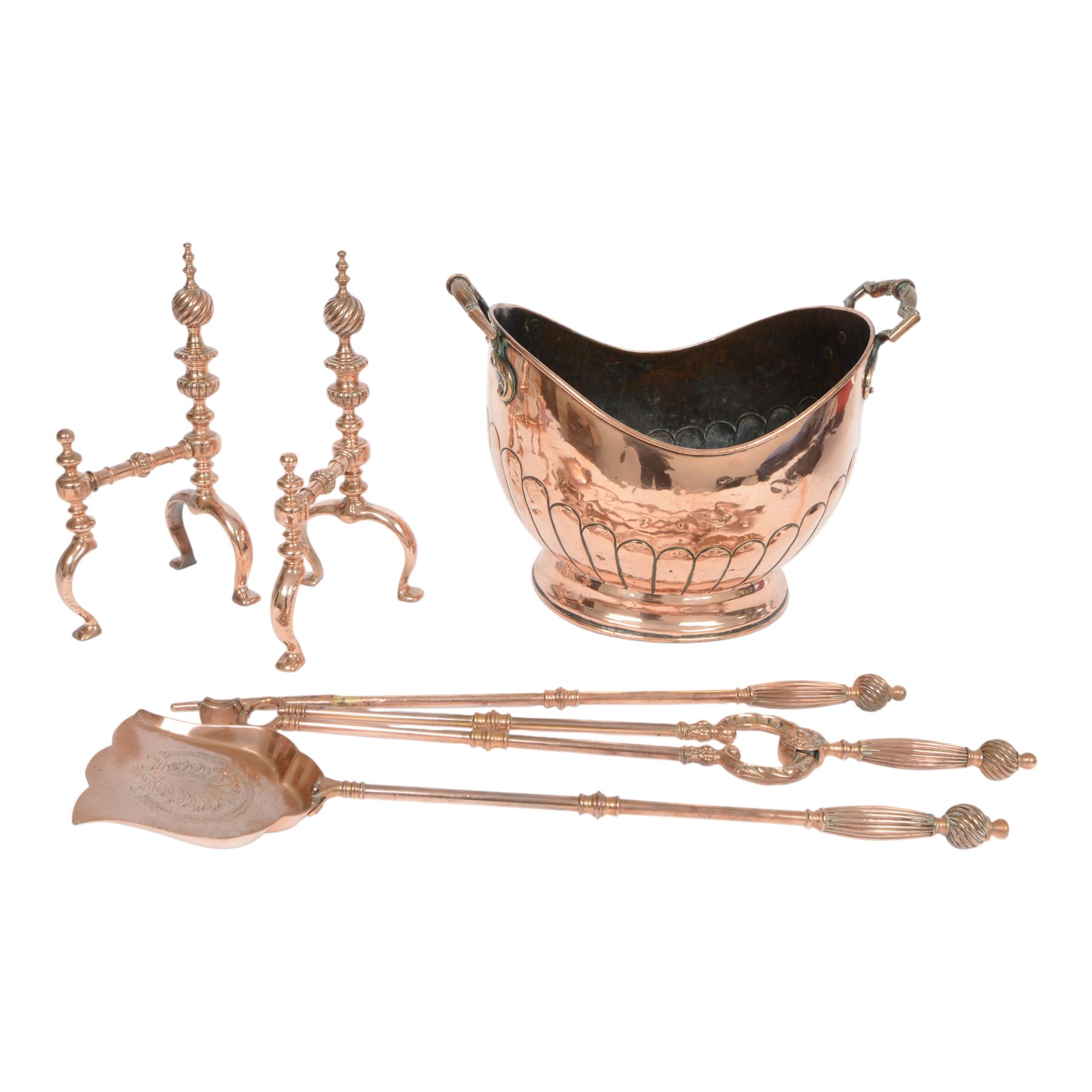 Victorian copper coal bucket, of oval part fluted form with twin handles, H32cm, together with copper fireside accessories