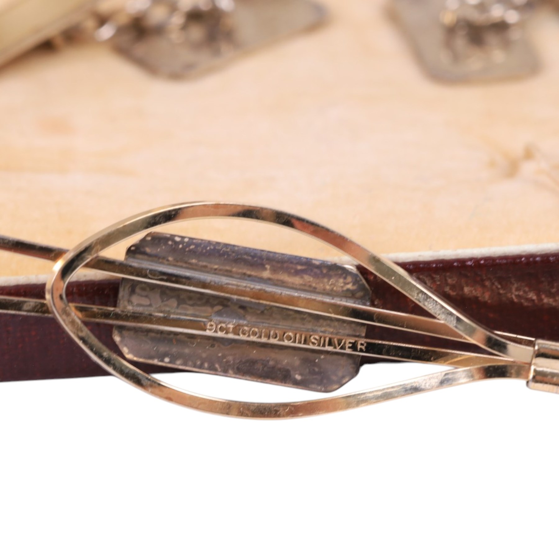 Mid 20th century silver powder compact, of circular form with engine turned decoration and engraved initials to interior, hallmarked, together with a pair of silver cufflinks, gold on silver cufflinks and tie clip, 15ct gold stick pin set with rose cut diamond, mirror D6.5cm