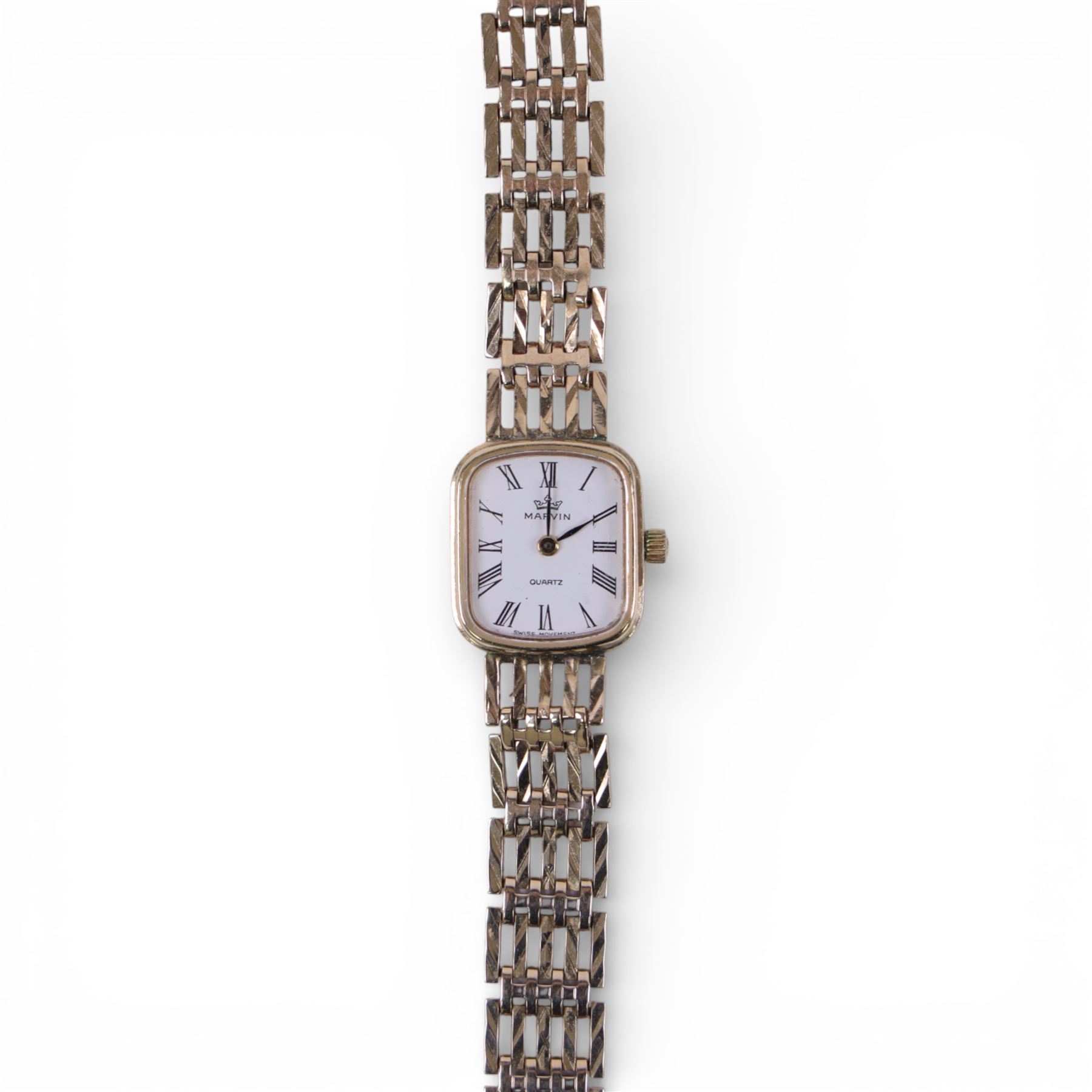 Marvin 9ct gold ladies quartz wristwatch, on integral 9ct gold bracelet, hallmarked