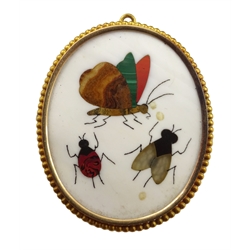  19th century Pietra Dura 18ct gold mounted suite of jewellery, consisting of a bracelet, pair of pendant earrings, two pairs of round and oval lapel studs, brooch and stick pin, decorated with butterflies, ladybirds and flies on a white ground, in original velvet case  