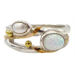 Silver and 14ct gold wire opal and pearl ring, stamped 925