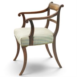 Georgian mahogany reeded carver armchair or elbow chair, bar back and scrolled arm terminals above over-stuffed seat, raised on sabre supports