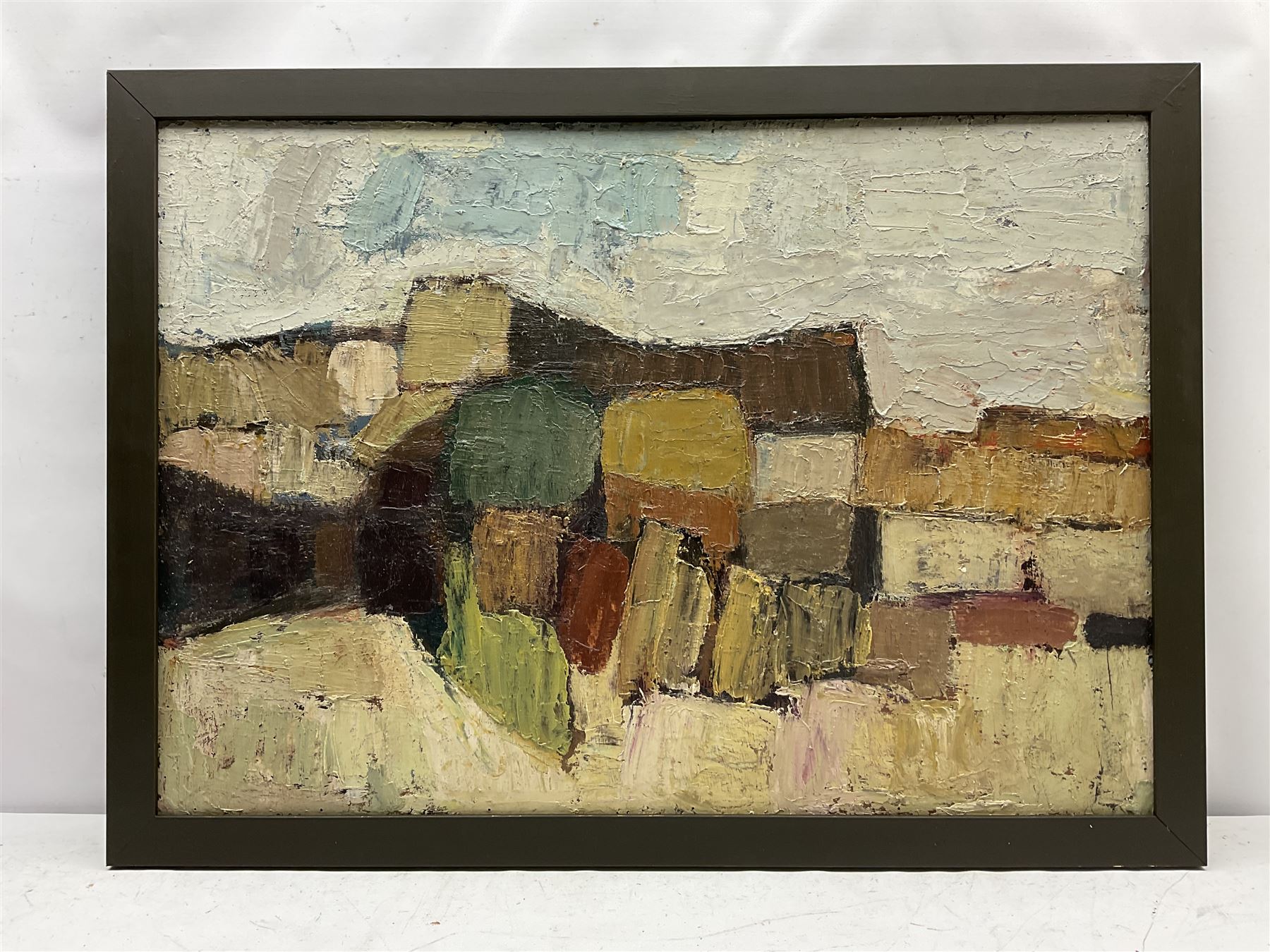 John Ellison (British 1932-2005): 'Yorkshire Landscape', oil on board, titled verso on artist's address label 'Fern Cottage, High Street, Scalby, Scarborough' 60cm x 85cm 
Notes: Ellison was a part-time lecturer within the Art Department of Scarborough Technical College in the 1960s, before moving on to become a Senior Lecturer at Guilford School of Art.
