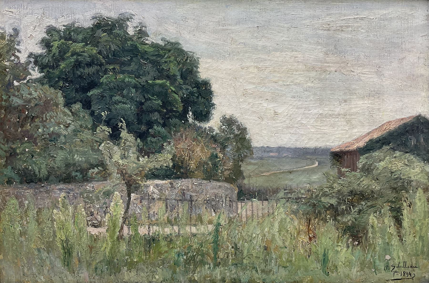 Paul Sebilleau (French 1846-1907): Rural Landscape with Farm, oil on canvas signed 1894, 48cm x 72cm