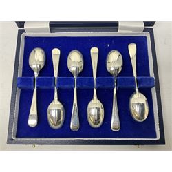 Cased set of six silver teaspoons, hallmarked Carr's of Sheffield Ltd and stamped 925