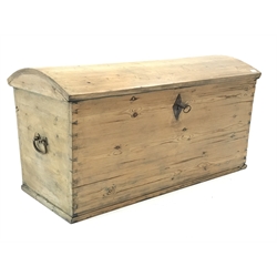 Late 19th century pitch pine tapering chest, domed lid, two metal handles, W121cm, H65cm, D60cm  