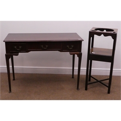  Early 20th century mahogany side table, one long and two short drawers, cabriole legs, pad feet (W106cm, H76cm, D51cm) and a two tier washstand  