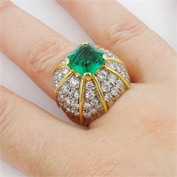 18ct white and yellow gold emerald and diamond dome ring, octagonal cut emerald, surrounded by eight sections of pave set round brilliant cut diamonds, emerald approx 3.65 carat, total diamond weight approx 4.00 carat