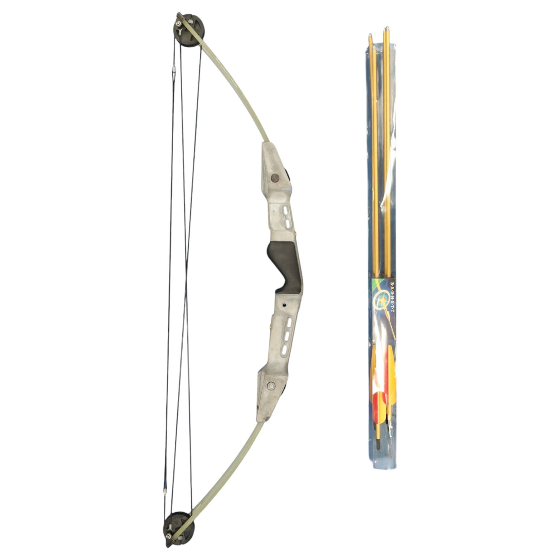 Compound archery bow, shaped metal centre section with moulded hand grip, fibreglass limbs and pulley wheel terminals, together with a group of arrows
