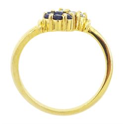 9ct gold round brilliant cut diamond, pink and blue stone set, double flower head cluster ring, stamped