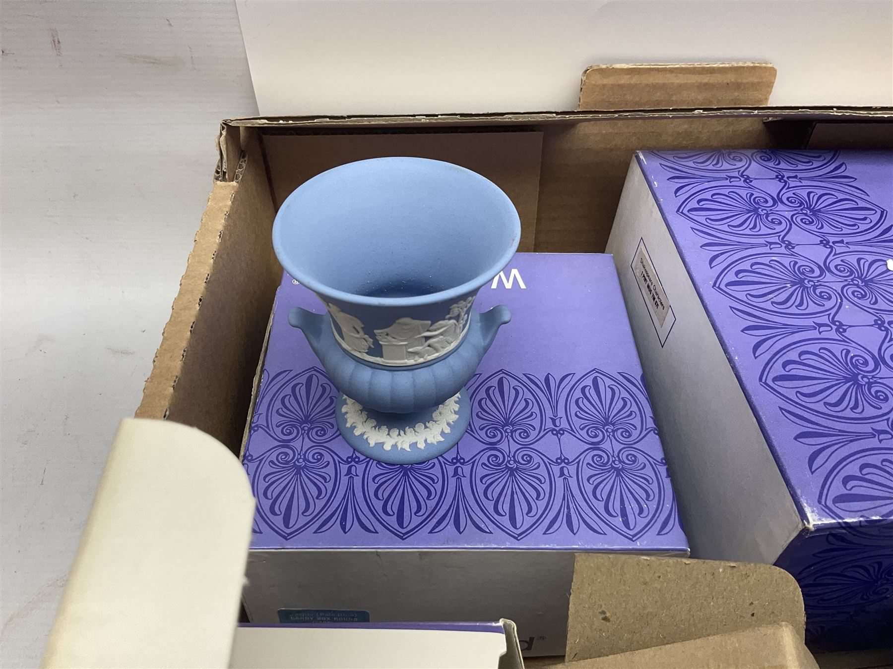 Collection of Wedgwood Jasperware, to include candy box with lid, miniature vase, trinket dishes, together with other collectables in six boxes 