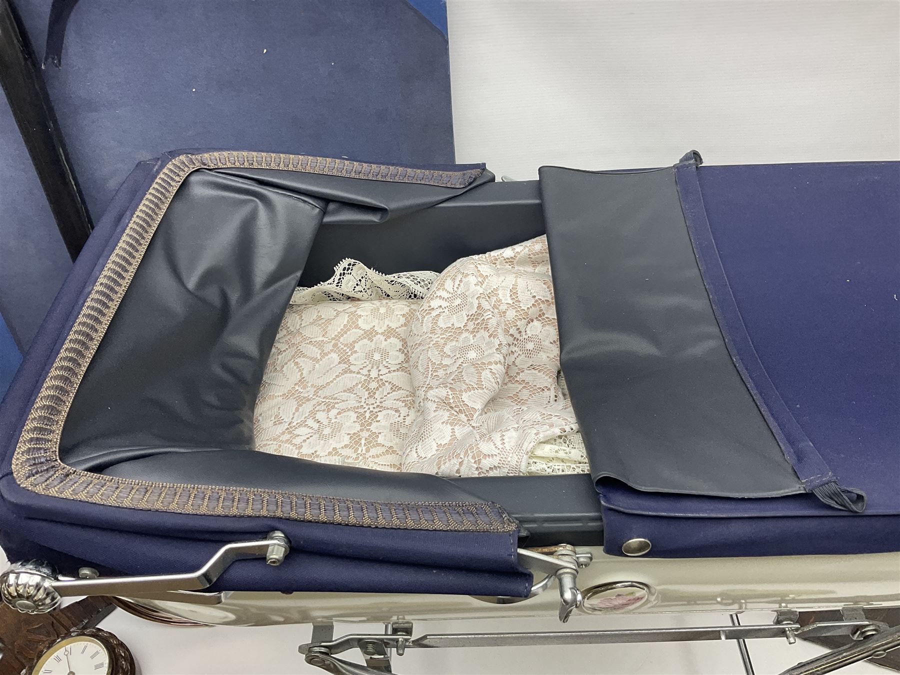 Silver Cross style dolls pram, copper warming pan with turned wooden handle, family Bible, Whitby Ordnance Survey maps etc, and a wooden barometer in the form of an anchor