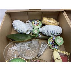 Newhall Boumier Ware vase, two Maling lustre bowlsmParagon George V commemorative cup, collection of ceramics and coloured and cut glassware, etc, in three boxes