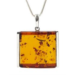 Silver square Baltic amber pendant necklace, stamped 925 