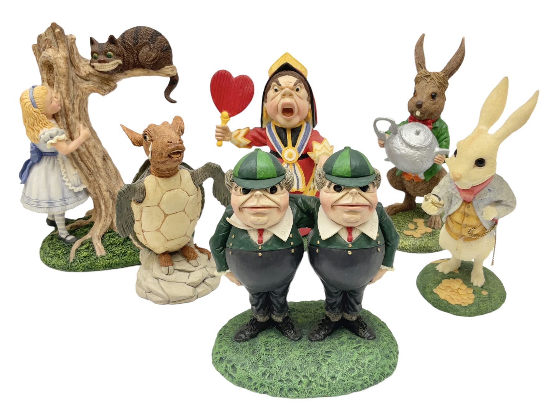 Goebel Alice in Wonderland figures, comprising Alice and Cat, White Rabbit, Queen of Hearts, March Hare, Tweedle Dee and the Mock Turtle, largest H18cm