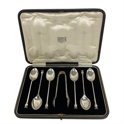 Set of six silver teaspoons and pair of sugar tongs by Cooper Brothers & Sons Ltd, Sheffield 1930, cased