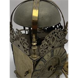 Brass lantern clock, raised strapped bell with final above pierced and dolphin engraved frets, the engraved dial decorated with foliage and signed 'Richard Breckells de Holmes Fecit', Roman chapter ring decorated with fleur-de-lus motifs