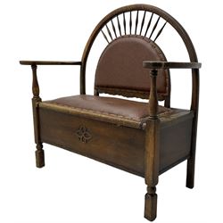 Early 20th century oak framed hall bench, demi-lune back with spindle supports, the back and hinged box seat upholstered in brown leather (W101cm H102cm); with set of four matching dining chairs (W41cm H87cm)