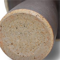 Barbara Cass (1921-1992) for Arden pottery; two studio pottery stoneware vases of slender tapering form with exaggerated flared rims, one with sunburst decoration, in cream and brown glazes, impressed marks to bases, tallest H18.5cm (2)