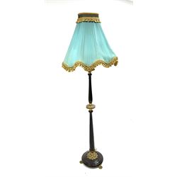 Late 20th century stained beech standard lamp with leaf cast gilt metal mounts, on cast paw feet, with a shaped shade upholstered in blue fabric with gold detail, H185cm (approx. total height)
