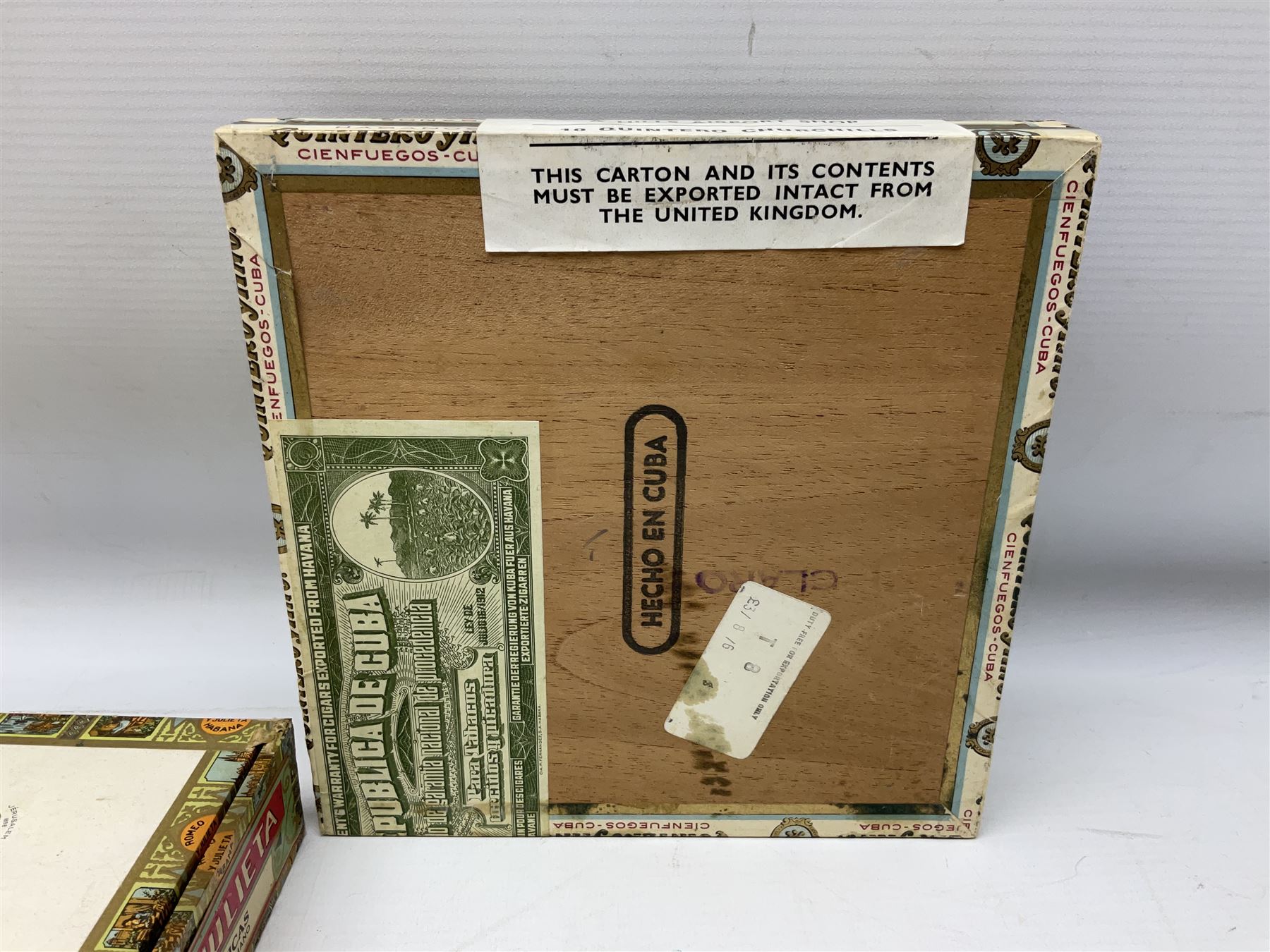 Victorian leather cigar protector with metal match striking plate on the end, and quantity of boxed cigars, comprising Willem II Churchill cigar, Willem II double dutch, Quintero Y Hno Habana cigars and Romeo Y Julieta, habana
