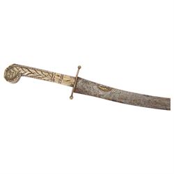 Middle Eastern Jambiya dagger with horn handle in leather scabbard, together with an Indian daggers with ribbed handle in metal scabbard and four other knives, Jambiya L32cm  