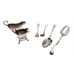 Pair of Georgian silver Old English pattern spoons, hallmarked Thomas Wallis II, London 1791, together with a silver sauce boat, silver cream jug and two other silver spoons, all hallmarked 