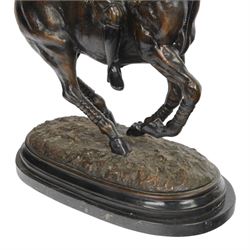 20th century spelter figure of a mounted polo player, upon a marble base, H60cm