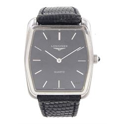Longines gentleman's stainless steel quartz wristwatch, black dial with baton hour markers...