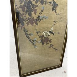 19th century Japanese framed fabric panel, painted with birds amongst trailing flowers, in glazed wooden frame H154cm