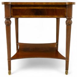Maitland Smith - Pair of mahogany side tables, the rectangular top with rounded corners, the top edge inlaid with movingui wood, above two under-tier shelves, and frieze drawer, supported on stop-reed and acanthus foliate carved legs united by platform stretcher, raised on brass sabot foot caps