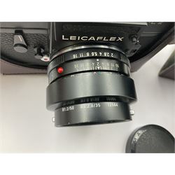 Leitz Leicaflex SL2 camera body, serial no.1387046, with 'Summicron-R 1:2/50 Leitz Wetzlar' lens, serial no. 2273397, within a leather Leitz lens hood 