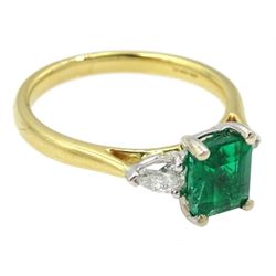 18ct gold three stone no oil emerald and pear shaped diamond ring, hallmarked, emerald approx 0.85 carat