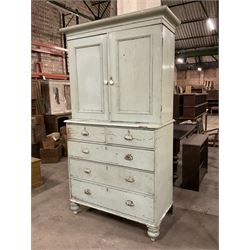 19th century pale blue painted pine housekeepers cupboard, double panelled cupboard enclosing two shelves over two short and three long drawers, on turned feet - THIS LOT IS TO BE COLLECTED BY APPOINTMENT FROM THE OLD BUFFER DEPOT, MELBOURNE PLACE, SOWERBY, THIRSK, YO7 1QY