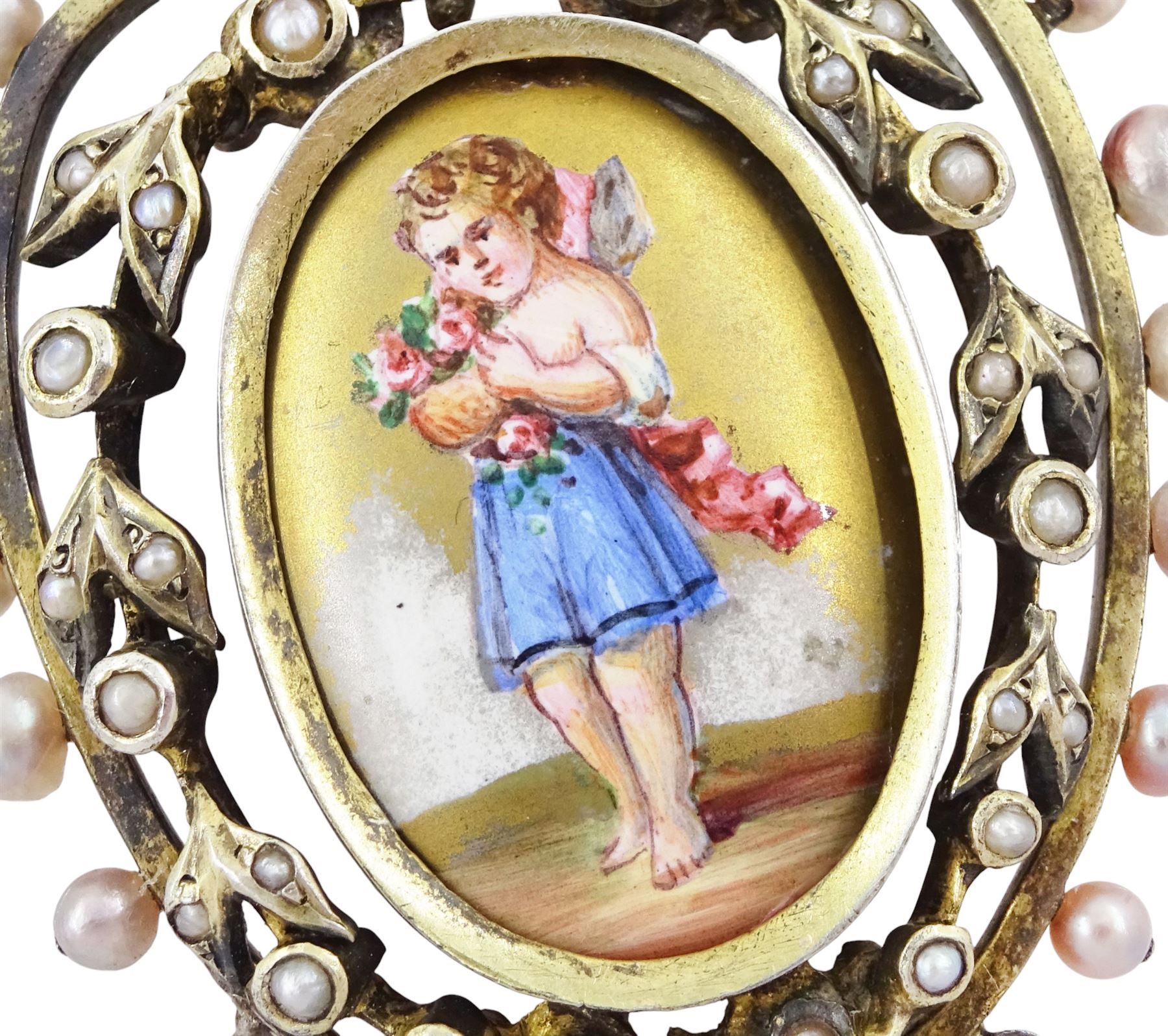 19th century silver pearl locket pendant, set with an oval painted enamel plaque of a cherub holding flowers, within an openwork pearl set surround