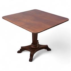 Victorian mahogany tea table, rectangular swivel fold-over top, tapering octagonal column on shaped platform, C-scroll and foliate carved feet with brass castors 