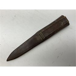 Hunting knife by J Nowill & Sons, Sheffield, the handle inset with mother of pearl, blade length 19cm; George Wolstenholme IXL lock-knife with antler scales L29cm open; and another Bowie style hunting knife marked 'V.R. Warranted Sheffield Joseph Ellis & Sons' in leather sheath (3)