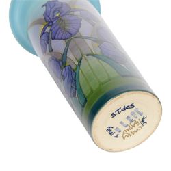Dennis Chinaworks, Iris vase, by Sally Tuffin, dated 2002, cylindrical form with flared rim, decorated with irises and bees upon blue green ground, signed and stamped beneath, H29cm
