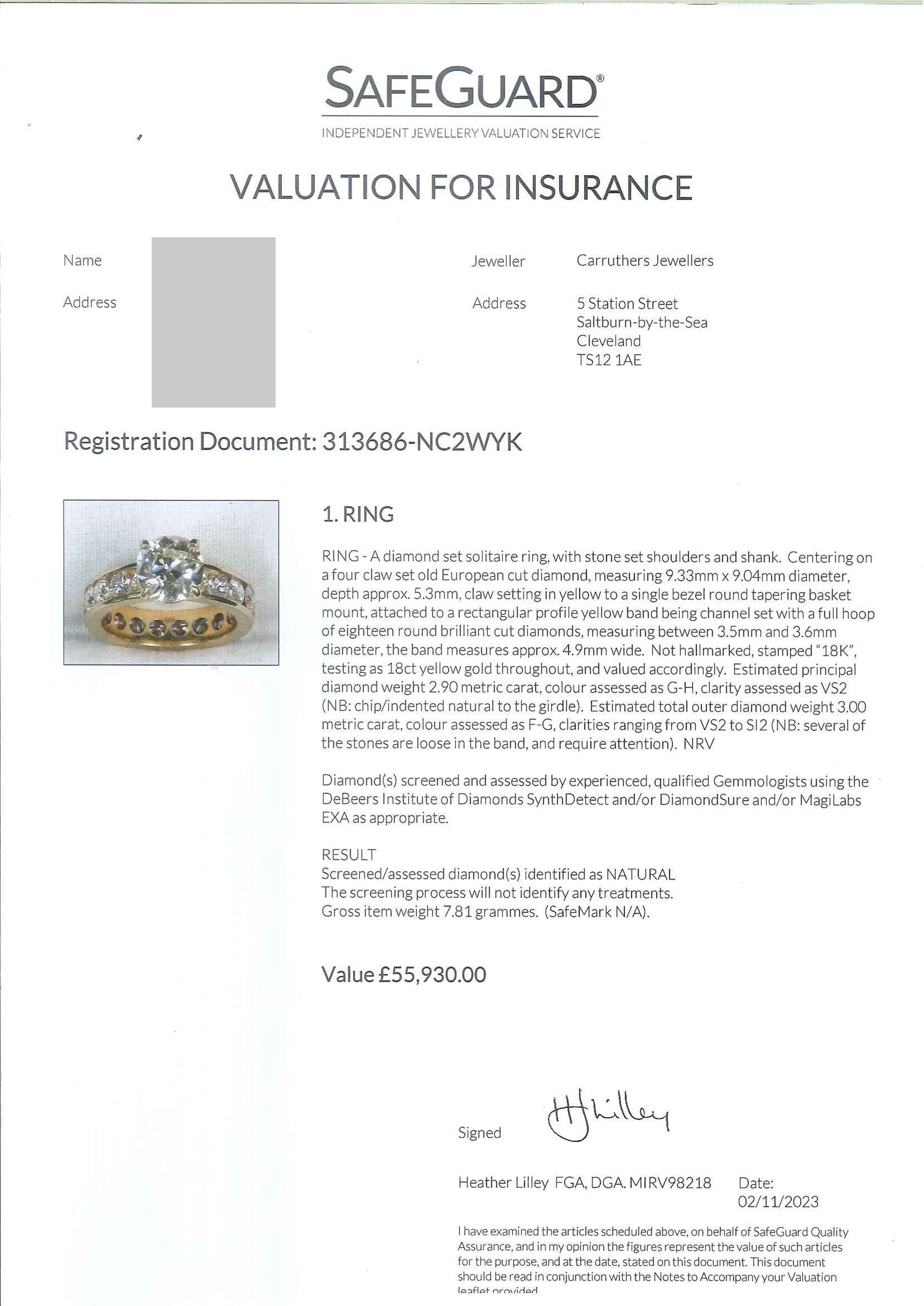 18ct gold single stone old cut diamond ring of approx 2.80 carat, with eighteen round brilliant cut diamond set shank of approx 3.00 carat, total diamond weight approx 5.80 carat