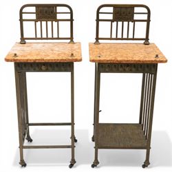 Pair of European Art Deco brass and marble bedside tables, the raised bass back over a can...