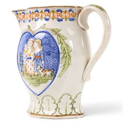 18th century South Yorkshire prattware jug, moulded in relief a band of stylised leaves,  with  'Mischievous Sport' and 'Sportive Innocence' pattern to the centre, H19cm