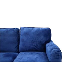 Howard design - two-seat sofa upholstered in blue fabric, traditional shape with rolled arms, on walnut finish turned feet with brushed metal cups and castors