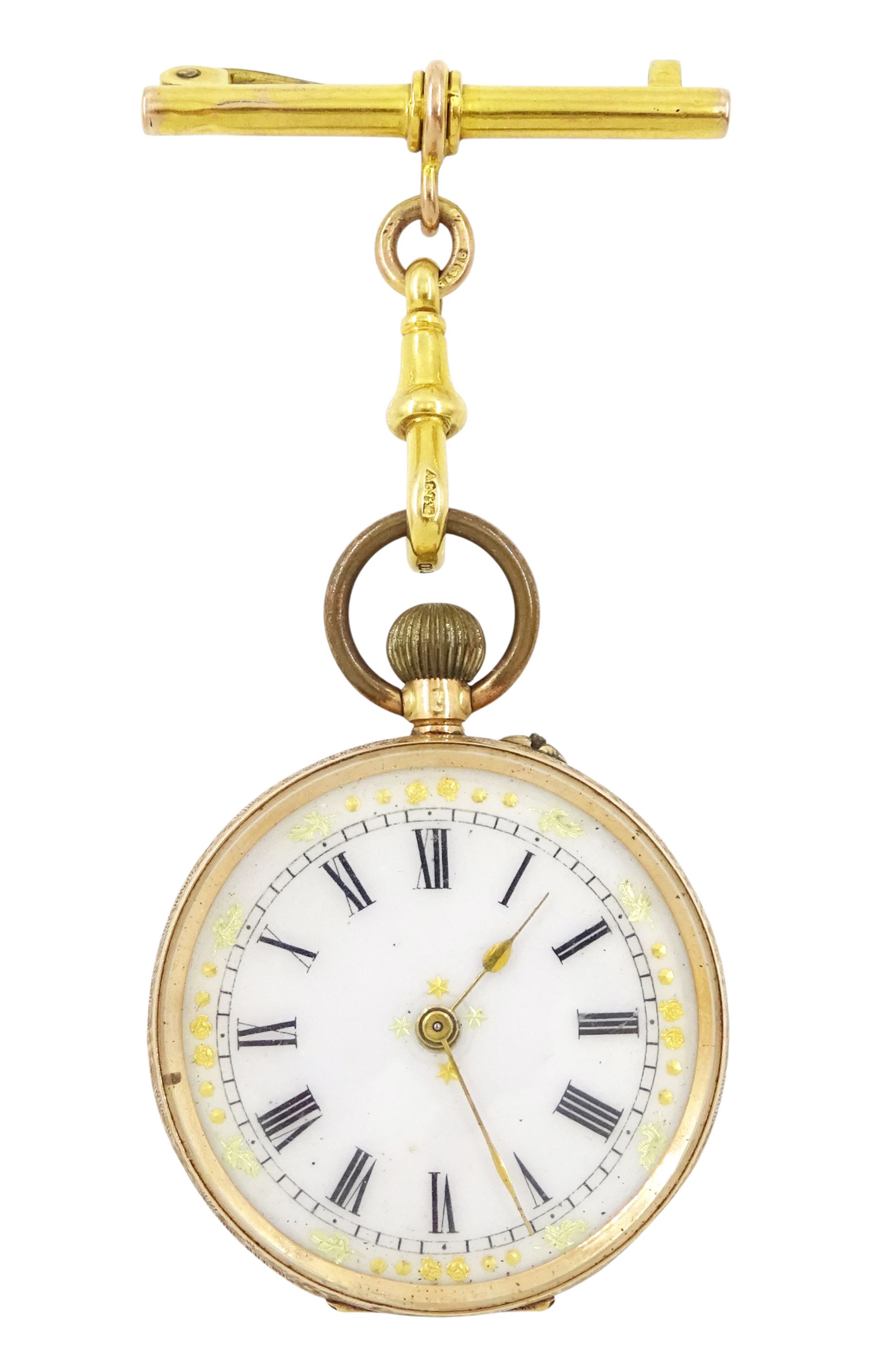 19th / early 20th century 14ct gold keyless cylinder fob watch, white dial with Roman numeral hour markers, back case with engraved foliate decoration, stamped K14 with squirrel hallmark, on gold T bar brooch
