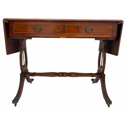 20th century drop leaf sofa table, with inset leather top, two frieze drawers