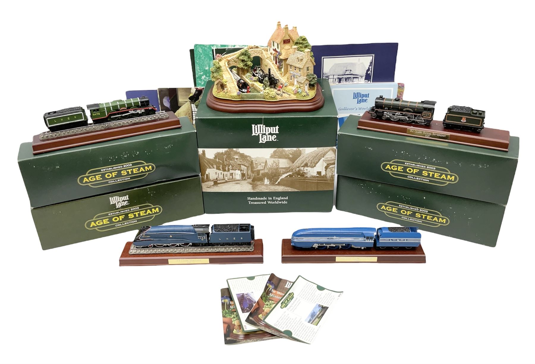 Lilliput Lane models to include 'Age of Steam' locomotives, comprising 'Coronation', 'Royal Sovereign', 'Mallard' and 'Flying Scotsman', together with limited edition 'Dawn of Steam' figure, all boxed, with various deeds, and further Lilliput Lane booklets and leaflets etc