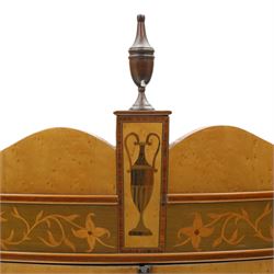 Edwardian inlaid birds-eye maple corner cabinet, urn finials above shell motif inlays, reeded column's hanging hooks