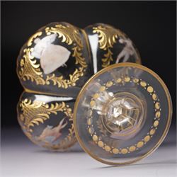 Lobmeyr style tazza, of quatrefoil form with painted enamel figures, H12cm 