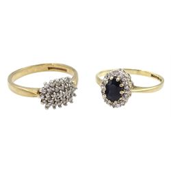 Gold diamond cluster ring and a gold sapphire and diamond cluster ring, both hallmarked 9ct